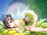  1girl bare_shoulders black_hair bow double_bun dress fairy_wings flower green_dress hair_bow hair_flower hair_ornament long_hair looking_at_viewer love_live! love_live!_school_idol_project minigirl rain red_eyes solo top-down_bottom-up tucana water_drop wings yazawa_nico 