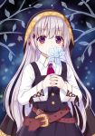  1girl ascot commentary_request covered_mouth flower holding hood ikeda_yuuki long_hair looking_at_viewer original silver_hair solo violet_eyes 