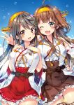  2girls :d ;d ahoge bare_shoulders black_hair boots brown_eyes brown_hair commentary_request detached_sleeves double_bun hair_ornament hairband hairclip hands_on_own_chest haruna_(kantai_collection) headgear japanese_clothes kantai_collection kongou_(kantai_collection) long_hair multiple_girls nontraditional_miko one_eye_closed open_mouth ribbon-trimmed_sleeves ribbon_trim riichu smile thigh-highs thigh_boots v wide_sleeves 