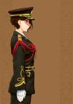  1girl belt brown_background brown_hair cowboy_shot epaulettes fourragere from_side genso gloves hat highres long_sleeves military military_uniform original peaked_cap profile red_eyes short_hair solo standing uniform white_gloves 