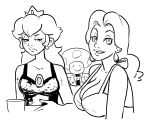  2girls bare_shoulders blush breast_envy breasts brooch cleavage crossover donkey_kong_(game) donkey_kong_(series) earrings evening_gown large_breasts looking_at_viewer medium_breasts mini_crown monochrome multiple_girls nintendo pauline princess princess_peach smile strap_gap super_mario_bros. toad toad_(mario) 