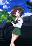  1girl absurdres akiyama_yukari bare_legs black_eyes brown_hair girls_und_panzer gloves ground_vehicle highres military military_vehicle miniskirt motor_vehicle official_art panzerkampfwagen_iv school_uniform serafuku short_hair skirt solo tank 