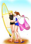  2girls beach blonde_hair brown_hair closed_eyes couple fate_testarossa hand_around_waist happy long_hair looking_at_another lyrical_nanoha mahou_shoujo_lyrical_nanoha mahou_shoujo_lyrical_nanoha_strikers mahou_shoujo_lyrical_nanoha_vivid multiple_girls ponytail side_ponytail smile sos77755 surfboard takamachi_nanoha towel very_long_hair wet yuri 