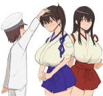  1boy 2girls admiral_(kantai_collection) akagi_(kantai_collection) blush breasts hakama_skirt highres huge_breasts kaga_(kantai_collection) kantai_collection kloah little_boy_admiral_(kantai_collection) long_hair miniskirt multiple_girls petting shota_admiral_(kantai_collection) skirt thumbs_up 