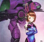  1girl alternate_hair_length alternate_hairstyle artist_name blush brown_eyes brown_hair chan1moon crossed_arms d.va_(overwatch) highres mecha meka_(overwatch) one_eye_closed overwatch pointing short_hair solo whisker_markings 