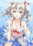  1girl bikini blue_eyes breasts hose kantai_collection kashima_(kantai_collection) long_hair navel open_mouth silver_hair smile solo soramu swimsuit twintails water wavy_hair 