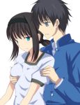  00s 1girl black_hair blue_eyes breast_grab brother_and_sister grabbing groping gym_uniform hairband incest long_hair short_hair siblings simple_background syou_(crecre) tied_hair tohno_akiha toono_shiki tsukihime white_background 