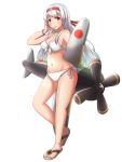  1girl :d aircraft airplane alternate_costume anklet bikini breasts brown_eyes cleavage hachimaki headband jewelry kantai_collection long_hair looking_at_viewer navel open_mouth sandals shoukaku_(kantai_collection) simple_background smile solo swimsuit white_background white_bikini white_hair yukimi_unagi 