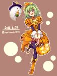  1girl 2016 :d basket black_hat black_legwear boots braid brown_background candy crown_braid dated flower_knight_girl food_themed_clothes food_themed_hair_ornament ghost green_hair hair_ornament hat knee_boots norinori_12th open_mouth orange_boots orange_skirt pepo_(flower_knight_girl) pumpkin_hair_ornament red_eyes short_hair signature skirt smile solo standing standing_on_one_leg thigh-highs twitter_username witch_hat 