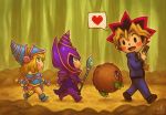  1girl 2boys armor blonde_hair card chibi claws dark_magician dark_magician_girl heart helmet impossible_hair jewelry konami kuriboh multiple_boys mutou_yuugi necklace playing_card ry-spirit spiky_hair spoken_heart staff walking yu-gi-oh! yuu-gi-ou_duel_monsters 