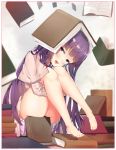  1girl 714_(leg200kr) barefoot blurry book book_on_head border covering covering_crotch depth_of_field dress leg_hug long_hair object_on_head patchouli_knowledge purple_hair solo touhou violet_eyes 