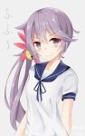 1girl akebono_(kantai_collection) bell blush dated eyebrows eyebrows_visible_through_hair flower hair_bell hair_flower hair_ornament highres jingle_bell kantai_collection long_hair looking_at_viewer purple_background purple_hair school_uniform side_ponytail simple_background sin-poi smile solo violet_eyes 