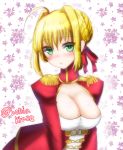  1girl ahoge blonde_hair blush breasts cleavage dress fate/extra fate/extra_ccc fate_(series) green_eyes looking_at_viewer pauldrons red_dress saber_extra soniakraze 