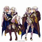  2boys 2girls armor artist_name blush boots cape carrying cloak dual_persona embarrassed eye_contact female_my_unit_(fire_emblem:_kakusei) female_my_unit_(fire_emblem_if) fingerless_gloves fire_emblem fire_emblem:_kakusei fire_emblem_if gloves hairband looking_at_another male_my_unit_(fire_emblem:_kakusei) male_my_unit_(fire_emblem_if) multiple_boys multiple_girls my_unit_(fire_emblem:_kakusei) my_unit_(fire_emblem_if) nintendo niwatorineko pointy_ears princess_carry silver_hair simple_background smile super_smash_bros. thigh-highs toeless_legwear twintails white_background 