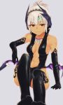  1girl alternate_costume attila_(fate/grand_order) bare_shoulders black_gloves black_legwear breasts elbow_gloves fate/extella fate/grand_order fate_(series) gloves i-pan jewelry light_smile low_wings necklace red_eyes smile solo white_hair wings 