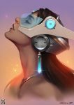  1girl artist_name bare_shoulders black_hair brown_lipstick closed_eyes dark_skin earrings eyelashes forehead_jewel glint headgear jewelry lips lipstick long_hair makeup necklace overwatch parted_lips portrait profile realistic signature solo symmetra_(overwatch) upper_body visor xiaoguimist 