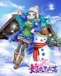  1girl absurdres aqua_hair black_legwear blue_eyes blush boots breasts breath cabin cleavage clouds coat frilled_skirt frills full_body grin hat highres ksaiyo long_hair looking_at_viewer official_art open-chest_sweater pantyhose skirt sky smile snow snowman sparkle sun sweater v winter winter_clothes winter_coat 