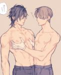  2boys blue_hair breast_grab brown_hair dethmath gloves grabbing groping hair_over_one_eye heshikiri_hasebe looking_at_another looking_down male_focus multiple_boys navel nipples shirtless shokudaikiri_mitsutada simple_background topless touken_ranbu translation_request white_gloves 