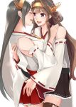  2girls bare_shoulders black_hair blush brown_hair camel000 closed_eyes commentary_request detached_sleeves double_bun hair_ornament hairband haruna_(kantai_collection) headgear hug japanese_clothes kantai_collection kongou_(kantai_collection) long_hair multiple_girls nontraditional_miko pleated_skirt ribbon-trimmed_sleeves ribbon_trim round_teeth simple_background skirt smile teeth white_background yuri 