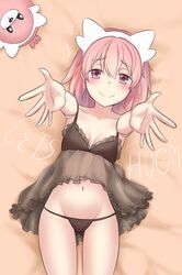  10s 1girl 1nilla&#039; animal_ears babydoll bed bewear black_panties blush breasts cleavage heart lingerie moemon panties pink_eyes pink_hair pokemon pokemon_(creature) pokemon_(game) pokemon_sm solo underwear 