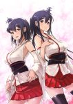  2girls :d black_hair black_legwear breasts cherry_blossoms cowboy_shot detached_sleeves fusou_(kantai_collection) hair_ornament hand_on_own_chest isono_wataru kantai_collection large_breasts long_hair multiple_girls nontraditional_miko open_mouth petals pleated_skirt red_eyes red_skirt short_hair skirt smile thigh-highs yamashiro_(kantai_collection) 