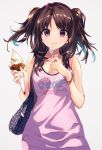  1girl :3 bag bare_arms brown_hair collarbone cowboy_shot eyebrows eyebrows_visible_through_hair food grey_background holding holding_spoon ice_cream ice_cream_cone long_hair looking_at_viewer original pink_eyes shoulder_bag simple_background solo spoon suisen tank_top tareme twintails 
