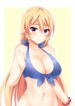  1girl 3: bead_bracelet beads bikini_top blonde_hair blush bracelet breasts front-tie_top jewelry large_breasts long_hair looking_at_viewer mmrailgun nakiri_erina navel shokugeki_no_souma solo violet_eyes 