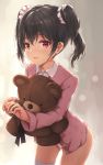  1girl :d black_hair looking_at_viewer love_live! love_live!_school_idol_project open_mouth panties parfaitlate red_eyes smile solo stuffed_animal stuffed_toy teddy_bear thigh-highs twintails underwear white_legwear white_panties yazawa_nico 