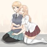  2girls black_legwear blonde_hair blue_eyes blush closed_eyes darjeeling girls_und_panzer hug hug_from_behind kay_(girls_und_panzer) kneeling long_hair mochi_(non165) multiple_girls necktie open_mouth pantyhose school_uniform short_hair sitting skirt teeth thigh-highs thighs uniform vest wariza white_legwear yuri 