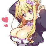  1girl blonde_hair braid breasts bursting_breasts cleavage flower flower_knight_girl hair_bun hair_flower hair_ornament heart highres ho-cki large_breasts looking_at_viewer object_namesake saintpaulia_(flower_knight_girl) shirt short_hair sidelocks smile solo upper_body violet_eyes white_background 