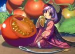  1girl bowl bowl_hat commentary_request hat japanese_clothes kimono leaf minigirl needle purple_hair red_eyes seiza shope short_hair sitting solo sukuna_shinmyoumaru tomato tongue tongue_out touhou wide_sleeves 