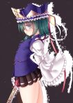  1girl ass blue_eyes breasts from_side green_hair hat long_sleeves microskirt moura_(kenyuugetu) open_mouth rod_of_remorse shiki_eiki skirt small_breasts solo touhou wide_sleeves 