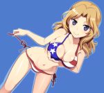  1girl american_flag_bikini bikini blonde_hair blue_eyes blush breasts cleavage collarbone commentary_request flag_print girls_und_panzer kay_(girls_und_panzer) long_hair looking_at_viewer nanashino navel side-tie_bikini smile solo swimsuit untying 