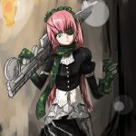  1girl armored_dress artist_request cz2128_delta eyepatch frills gloves green_eyes gun long_hair maid maid_headdress overlord_(maruyama) pink_hair puffy_sleeves scarf solo weapon 