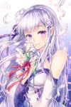  1girl bangs bare_shoulders braid breasts detached_collar detached_sleeves elf emilia_(re:zero) flower french_braid frilled_sleeves frills gem gradient gradient_background hair_flower hair_ornament hair_ribbon hairclip holding holding_flower jewelry lily_(flower) long_hair looking_at_viewer medium_breasts petals pointy_ears purple_ribbon re:zero_kara_hajimeru_isekai_seikatsu red_ribbon ribbon sidelocks silver_hair sliverbin smile solo upper_body violet_eyes wide_sleeves wind 