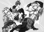  3girls abs artist_request breasts cap cleavage copyright_request female fingerless_gloves gloves monochrome multiple_girls muscle necktie ribbon skirt 