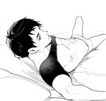  1boy abs adonis_belt bed_sheet black_hair boxers free! groin looking_at_viewer male_focus megumi-square monochrome parted_lips pillow shirt shirt_lift solo t-shirt underwear yamazaki_sousuke 