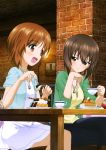  2girls :d absurdres brown_eyes brown_hair cake casual cup denim dog_tags food girls_und_panzer highres jeans multiple_girls nishizumi_maho nishizumi_miho official_art open_mouth pants saucer short_hair siblings sisters smile teacup 