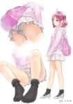  1girl 2016 ahoge alternate_costume ama_mitsuki ass backpack bag bare_legs black_legwear breasts culottes dated feet hair_ornament hair_scrunchie high_heels hood kantai_collection long_sleeves mary_janes multiple_views no_shoes panties panty_peek pantyshot polka_dot polka_dot_scrunchie sazanami_(kantai_collection) scrunchie shoes shorts simple_background sitting small_breasts socks standing twintails underwear upshorts white_background white_panties white_shoes white_shorts 