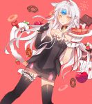  1girl animal_ears cake cat_ears cherry doughnut dress elsword eve_(elsword) food forehead_jewel fruit gloves inkfish long_hair pointy_ears red_background skirt solo strawberry tail thigh-highs white_hair yellow_eyes 