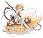 1girl :3 :d =_= anchira_(granblue_fantasy) antenna_hair bell blonde_hair blue_eyes blue_ribbon blush blush_stickers brown_eyes closed_mouth clouds erun_(granblue_fantasy) full_body fur_trim granblue_fantasy highres jingle_bell looking_at_another lying monkey monkey_girl monkey_tail navel on_stomach open_mouth ribbon short_shorts short_twintails shorts sitting sleeping sleeves_past_wrists smile staff striped striped_legwear suirensei tail tail_ribbon thigh-highs toeless_legwear twintails white_background 