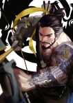  1boy arrow asymmetrical_clothes bandolier bare_shoulders beard bow_(weapon) brown_eyes brown_hair closed_mouth collarbone dragon_print dragon_tattoo facial_hair furrowed_eyebrows goatee hair_tie hanzo_(overwatch) highres holding holding_weapon japanese_clothes kimono looking_at_viewer male_focus mustache overwatch ponytail quiver short_hair smile solo tattoo upper_body weapon 