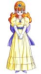  1girl dragon_quest dress elbow_gloves female full_body gloves green_eyes hands_together jewelry long_hair looking_at_viewer orange_hair pendant princess_laura puffy_sleeves simple_background solo tiara toriyama_akira v-arms white_background white_gloves 