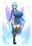  1girl azure_eyes azure_hair blue_eyes blue_hair bluespice breasts full_body huge_breasts long_hair looking_at_viewer scowl solo standing thigh-highs very_long_hair 