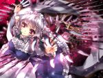  1girl braid gears izayoi_sakuya knife knives_between_fingers lilithbloody maid_headdress red_eyes silver_hair solo too_many too_many_knives touhou twin_braids 