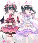  1girl angel_and_devil angel_wings black_hair bow demon_girl demon_tail dress dual_persona gloves hair_bow hand_holding headset long_hair love_live! love_live!_school_idol_project midriff n_n_(vbdpsep) open_mouth red_eyes smile tail twintails wings yazawa_nico 