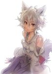  &gt;:o 1girl :o animal_ears bare_shoulders black_gloves blush collarbone detached_sleeves elbow_gloves fingerless_gloves gloves inubashiri_momiji japanese_clothes looking_at_viewer matsuda_(matsukichi) no_hat pom_pom_(clothes) red_eyes short_hair silver_hair solo sweat tail touhou wet wet_clothes wide_sleeves wolf_ears wolf_tail 