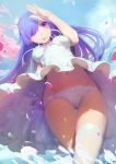  1girl alternate_hair_length alternate_hairstyle bow breasts dress flower hair_flower hair_ornament hair_over_one_eye hand_up highres legs_crossed lens_flare long_hair looking_at_viewer looking_down navel older panties petals purple_hair purple_panties re:zero_kara_hajimeru_isekai_seikatsu rem_(re:zero) shading_eyes sky sleeveless sleeveless_dress smile solo sunlight thigh-highs thigh_gap underwear upskirt violet_eyes white_dress white_legwear white_panties yuiko_(yuiko33miao) 