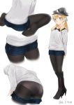  1girl 2016 alternate_costume ama_mitsuki aqua_eyes arms_behind_back ass bent_over black_boots black_legwear blonde_hair boots crotch_seam dated denim denim_shorts fashion feet full_body hair_bobbles hair_ornament hat high_heel_boots high_heels kantai_collection knee_boots legwear_under_shorts multiple_views no_shoes panties panties_under_pantyhose pantyhose prinz_eugen_(kantai_collection) short_shorts shorts simple_background sitting soles standing twintails underwear undressing wariza white_background 