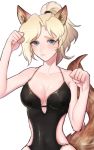  1girl alternate_costume animal_ears bangs bare_shoulders black_swimsuit blonde_hair blue_eyes blush breasts casual_one-piece_swimsuit cleavage clenched_hands closed_mouth collarbone covered_navel facial_mark fox_ears fox_tail frown giji-p hair_ornament hair_tie hands_up high_ponytail hips kemonomimi_mode large_breasts leotard looking_at_viewer mercy_(overwatch) one-piece_swimsuit overwatch parted_bangs paw_pose ponytail raised_eyebrows simple_background slender_waist solo swimsuit tail upper_body whisker_markings white_background 